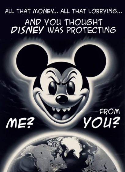 A villainous Mickey Mouse looms over the globe, grinning evilly. Text reads: "ALL THAT MONEY... ALL THAT LOBBYING... AND YOU THOUGHT DISNEY WAS PROTECTING ME? FROM YOU?"