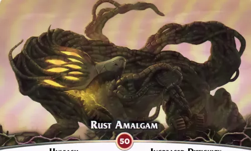 The Rust Amalgam nemesis from Aeon's End. It is a giant lizard composed of a mass of metal cables. Its many eyes glow yellow through the gaps in the cables that form its head.