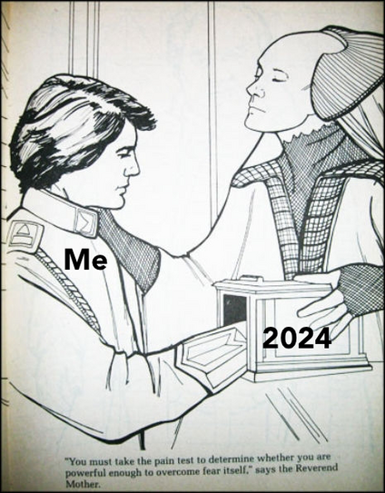 Paul Atreides with the caption “Me” putting his hand in the pain box which reads “2024”.