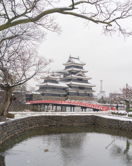 Matsumoto Castle covered in snow in Matsumoto, Japan