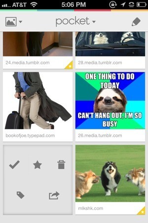 Pocket (Formerly Read It Later), developed: Read It Later, Inc  / @nateweiner (circa 2012)

Home tiled view:
Top- stacked papers menu icon (left), Pocket logo (center), pencil bulk edit icon (right)

Tiled card view, 2 on each row, large thumbnail with website below in small text