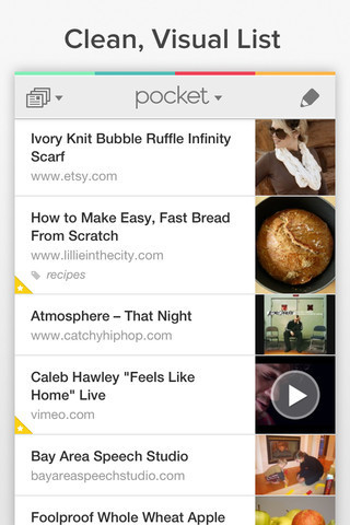 Pocket (Formerly Read It Later), developed: Read It Later, Inc  / @nateweiner (circa 2012)

Home list view:
Top- stacked papers menu icon (left), Pocket logo (center), pencil bulk edit icon (right)

List view of sites saved with title, website, and thumbnail on the right