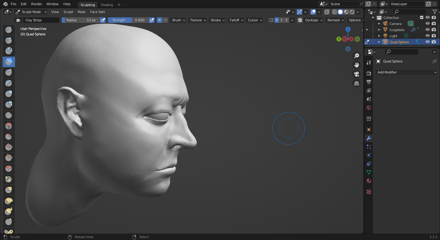 A screenshot of an unfinished sculpt of a male head in Blender