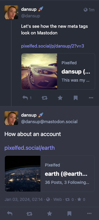 New Pixelfed meta tags being linked and rendered in Mastodon