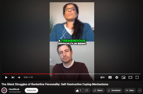 https://www.youtube.com/watch?v=m52z6Pf_nVA

3 views  29 Dec 2023  #BPD #MentalHealth #DrRamani
The Silent Struggles of Borderline Personality: Self-Destructive Coping Mechanisms. 🔍 Dr. Ramani dives into the unique characteristics of the quiet subtype of Borderline Personality Disorder (BPD). 💼 This subtype often attracts individuals to helping professions, but they face challenges in handling even minor errors. Discover the internal struggles these individuals face—quietly raging at themselves, engaging in self-harm, or sacrificing their well-being to meet others' needs. It's a self-destructive pattern that's not always recognized as classic BPD. Gain insights with Dr. Ramani on the intricacies of this subtype! #BPD #QuietSubtype #MentalHealth #DrRamani #headnook