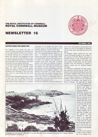 The front cover of the Royal Institution of Cornwall Newsletter 16 for October 1994, featuring an early photo of St Ives taken in c.1860 and mentioning the opening of the new Egyptian Gallery.