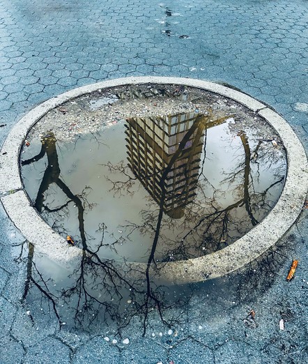 A high rise and winter trees reflected on a puddle in a concrete circle. The circle is surrounded by brick paving stones. 