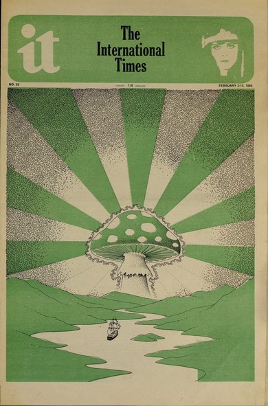 Cover, psychedelic art, mushroom — International Times, British underground newspaper, Feb. 2–15, 1968