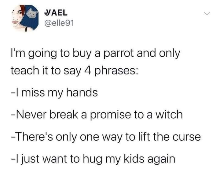 @elle91 writes:

I'm going to buy a parrot and only teach it to say 4 phrases:

- I miss my hands

- Never break a promise to a witch

-There's only one way to lift the curse

- l just want to hug my kids again 