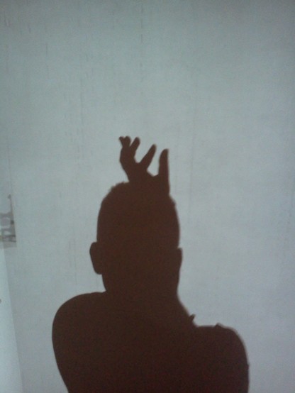 uma sombra de uma pessoa projetada em um fundo branco, com uma das mãos apontada pra cima em forma de garra na altura da testa.
