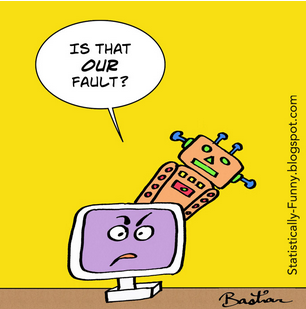 Cartoon of a robot humping a PC monitor and saying "Is that our fault?"