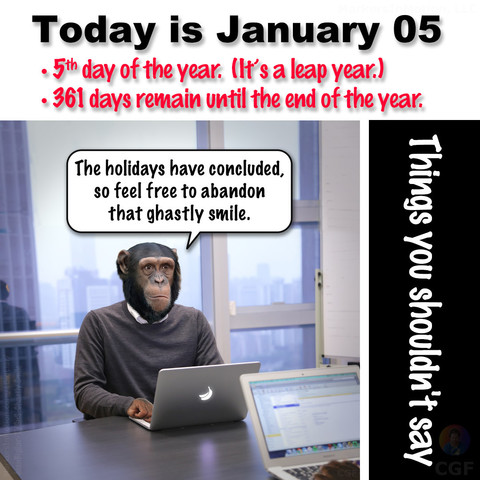 Created by C.G.Ferman
What not to say today. 
#TYSnS
Sitting at his desk in his office, Apeman Juan is saying things you shouldn't say.
Today is...
🍌🙉🍌
= = = = =
TYSnS:  Smile 
Broadcast: January 05, 2024
©2024 Markers In Motion, LLC. &. Christopher G. Ferman
This content is subject to copyright.
www.MarkersInMotion.com