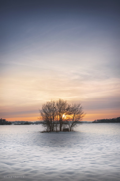 It is a cold January day in the winter field covered with snow. The sun will soon set and it will be so quiet and even colder. The last sun rays illuminate that white winter scene and bring some warmth and nice yellow tones. There is nothing else around but an old well surrounded by bushes and bare branches of trees in the middle of the field. Somewhere in Sumadija, Central Serbia. From the Winter Fields Collection.