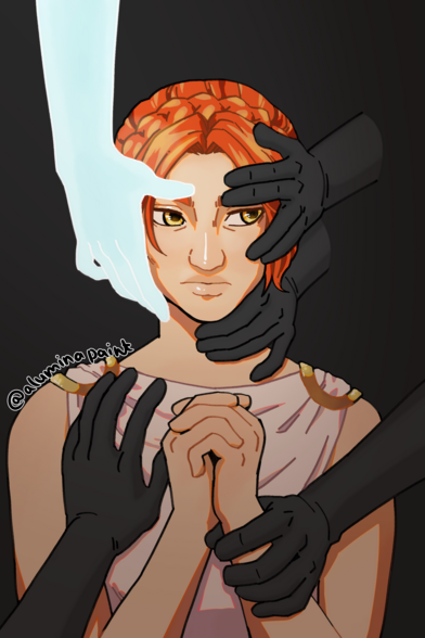 a digital painting of a woman with red hair and yellow eyes, she is wearing a greek-inspired gown and there are five hands all over her, four of them black, one glowing white. The woman has folded her hands together and is looking to the side. 
