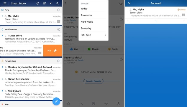 Spark Mail, developed: Readdle / Igor & Denys Zhadanov / @andrianbdn (circa 2015)

3 screens
Left - Smart Inbox
New, Notifications, Newsletters, Pins

An email under “Notifications” has been swiped, revealing the action to “pin” an email

Middle - Snooze options on an email
Today, Tomorrow, Next Week, Someday, Pick date

Right - Snoozed section
One email listed as “Snoozed”