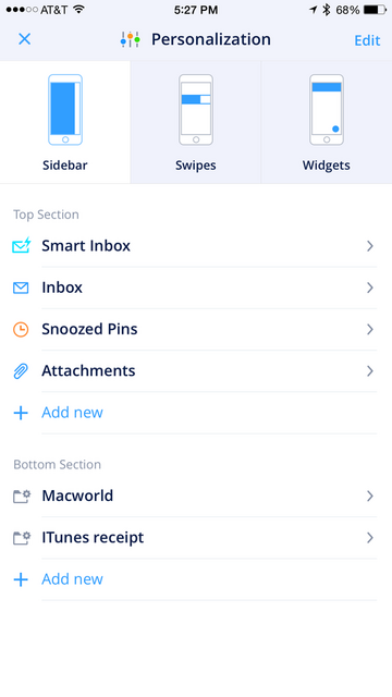 Spark Mail, developed: Readdle / Igor & Denys Zhadanov / @andrianbdn (circa 2015)

 Personalization filters menu
Customization can be on Sidebar, Swipes, and widgets.

Sidebar customization scree:
Top Section
Smart Inbox
Inbox
Snoozed Pins
Attachments
+ Add new

Bottom section
folder - Macworld
folder - iTunes receipt 
+ Add new