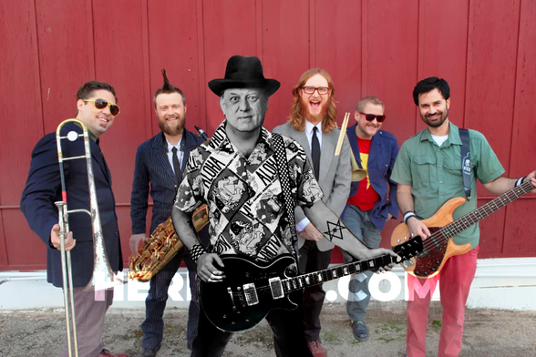 A manipulated image of ska-punk rockers Less Than Jake, with the central figure turned monochrome, arm tattoo changed into a Unicursal Hexagram, and Crowley's head slapped on the body.
