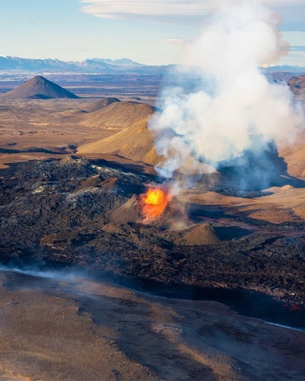 Aerial view captures the spectacle of an erupting volcano in Iceland