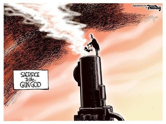 Sacrifice to the gun god. The GOP politics trow a child into an enormous gun barrel.