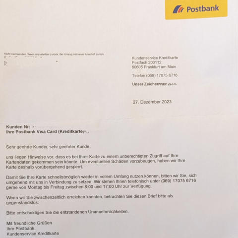 Brief von der Postbank. 