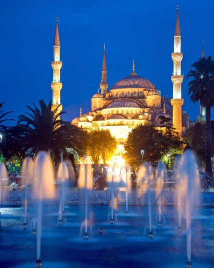 Close view of Sultanahmet Mosque or Blue Mosque at night in Istanbul, Turkey