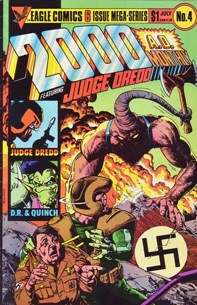 The front cover of 2000AD Monthly, Vol 1, No 4, published in July 1985. Featuring cover art by Brian Bolland of Johnny Alpha leading away a shit-scared Adolf Hitler while Nazi buildings are demolished by an axe-wielding mutant monster.