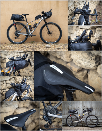 A photo tableau with a dropbar mountain bike equipped for bikepacking