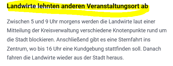 Landwirte lehnten anderen Veranstaltungsort ab

Zwischen 5 und 9 Uhr morgens werden die Landwirte laut einer Mitteilung der Kreisverwaltung verschiedene Knotenpunkte rund um die Stadt blockieren. Anschließend gibt es eine Sternfahrt ins Zentrum, wo bis 16 Uhr eine Kundgebung stattfinden soll. Danach fahren die Landwirte wieder aus der Stadt heraus. 