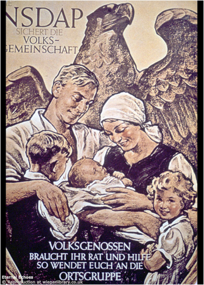 NS-Propaganda im Bild: Vater, Mutter und drei Kinder. Zu lesen ist noch: NSDAP sichert die Volksgemeinschaft. Unten drunten steht: Volksgenossen Braucht Ihr Rat und Hilfe so wendet Euch an die Ortsgruppe.