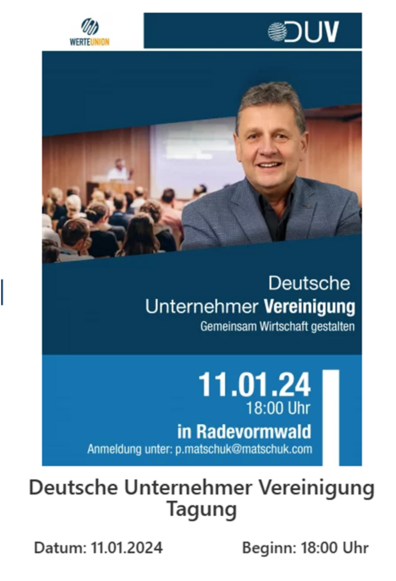 Screenshot belegt die Angaben, dass am 11.01.24 in Radevormwald um 18 Uhr eine Gemeinschaftsveranstaltung der WerteUnion und der Deutsche Unternehmer Vereinigung stattfindet.