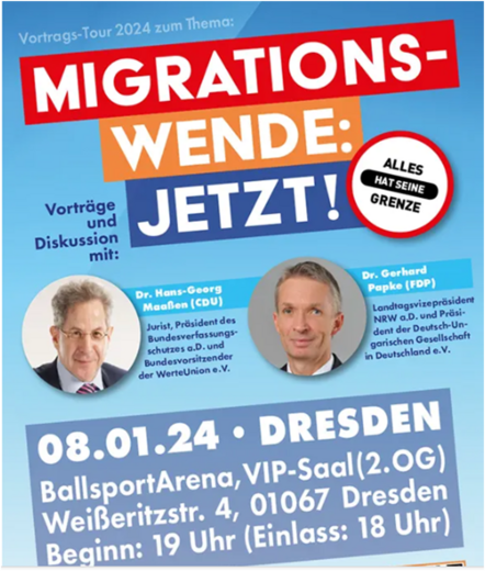 Ankündigungsfoto der Veranstaltung in Dresden am 8.1. um 19 Uhr zum Thema Migrationswende: Jetzt!