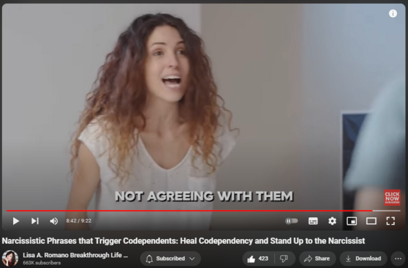 Narcissistic Phrases that Trigger Codependents: Heal Codependency and Stand Up to the Narcissist
https://www.youtube.com/watch?v=_Ww_0Al4qvU

3,634 views  29 Dec 2023  Codependency Recovery Podcast: Breaking Free of Codependency For Good
#codependency #whatdoescodependencylooklike #hownarcissiststalktoyou In this YouTube video, learn the key phrases that narcissists use to trigger adult children of dysfunctional parents and overcome the fear of what others think about you. The ability to overcome codependency requires that you learn to observe the subconscious programming from childhood. By elevating your awareness, you can learn to master your emotions so that no one can control you ever again. 

In this enlightening discussion, Lisa provides a roadmap for those seeking liberation from the chains of codependency. Discover the keys to recognizing and dismantling these patterns as she guides you through the complexities with the wisdom only a life coach can provide.

 "If you want to know if you are dealing with a narcissist, disagree with them," Lisa reveals a powerful truth about navigating relationships with narcissistic individuals. From a life coach's perspective, she unveils key phrases that can serve as red flags, empowering you to establish healthier boundaries and regain control of your own narrative.