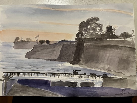 Watercolor painting of a seaside landscape during mid day in January, featuring cliffs, a pier, and silhouetted vegetation against a sky with warm tones.