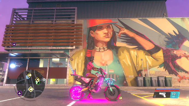 My Saint's Row 5 guy in their undies with bunny slippers, riding a neon motorbike & looking at a mural