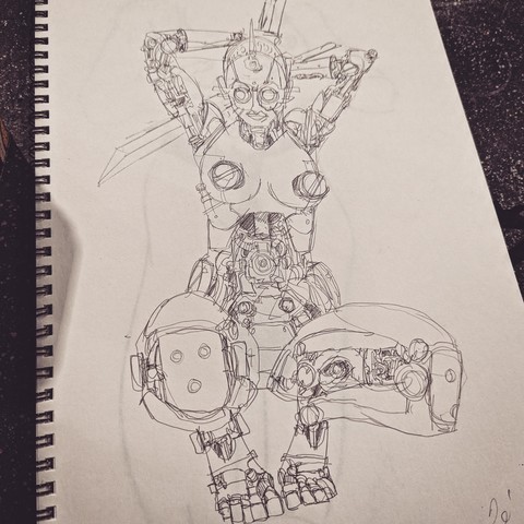 Crouched Android death machine wielding a couple of blades, extensively feminine features with lots of exposed mechanical parts