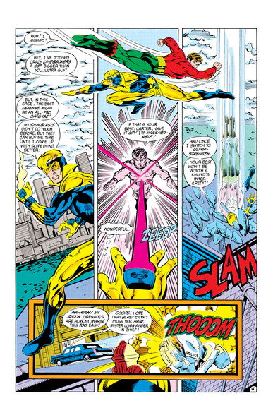 a page from the comic book, a battle scene, booster gold is in the city, flying around, he is blasting his lasers at an advancing man, they are ricocheting off his chest