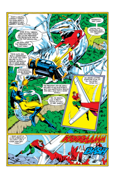 another page, booster gold is flying in the air, below flying is a giant silver dragon, holding a car in its claws 