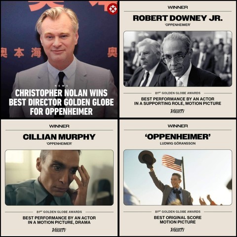 Four memes (photo credits to Matt Tazbin and Nick Russo) showing headlines from Variety magazine's social media feed. Each meme notes the award won and name of the winner. 
Photo 1: Director Christopher Nolan is smiling while standing in front of a backdrop with Asian alphabet characters.
Photo 2: Robert Downey Jr in a scene from Oppenheimer. He is in make up to look much older and is wearing glasses.
Photo 3: Cillian Murphy in a scene from Oppenheimer. He is gazing downwards and about to put his head into his hand. He looks serious and upset.
Photo 4: Another scene from the film. A smiling man stands in front of an American flag, holding his hat aloft. Presumably, this is Musical Composer Ludwig Görensson in a cameo.