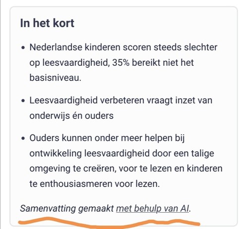 Samenvatting van artikel over slechte taalvaardigheid van scholieren, met een vrijtekening dat de samenvatting is gemaakt met A.I.