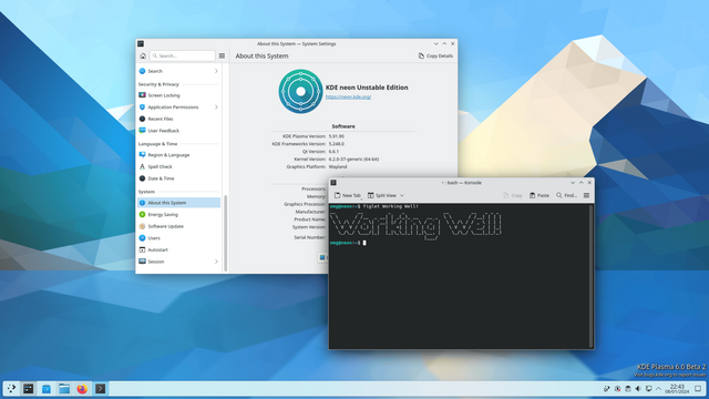 KDE Plasma 6.0 beta 2 desktop screenshot with system info and Console apps open