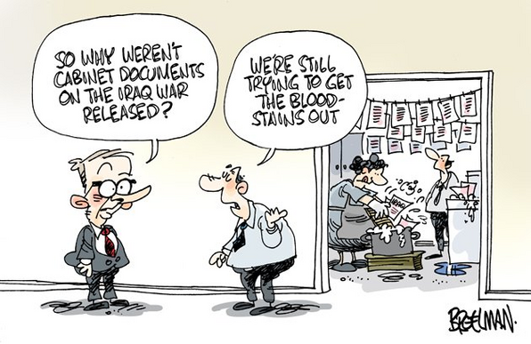 Albo is standing outside the washing room talking to a bureaucrat, who is pointing towards his employees washing papers from their rubbish bins in their washing tub and hanging them up on his washing lines to dry:
SO WHY WEREN'T CABINET DOCUMENTS ON THE IRAQ WAR RELEASED?
WE'RE STILL TRYING TO GET THE BLOOD-STAINS OUT