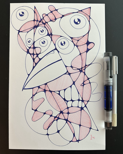 Neurographic portrait of a person with a beak and too many eyes.