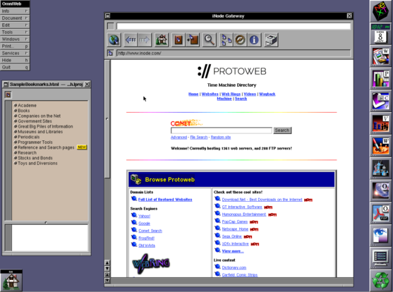 A screenshot of the OmniWeb web browser running on NEXTStep 3.3 with the iNode Gateway web page open.