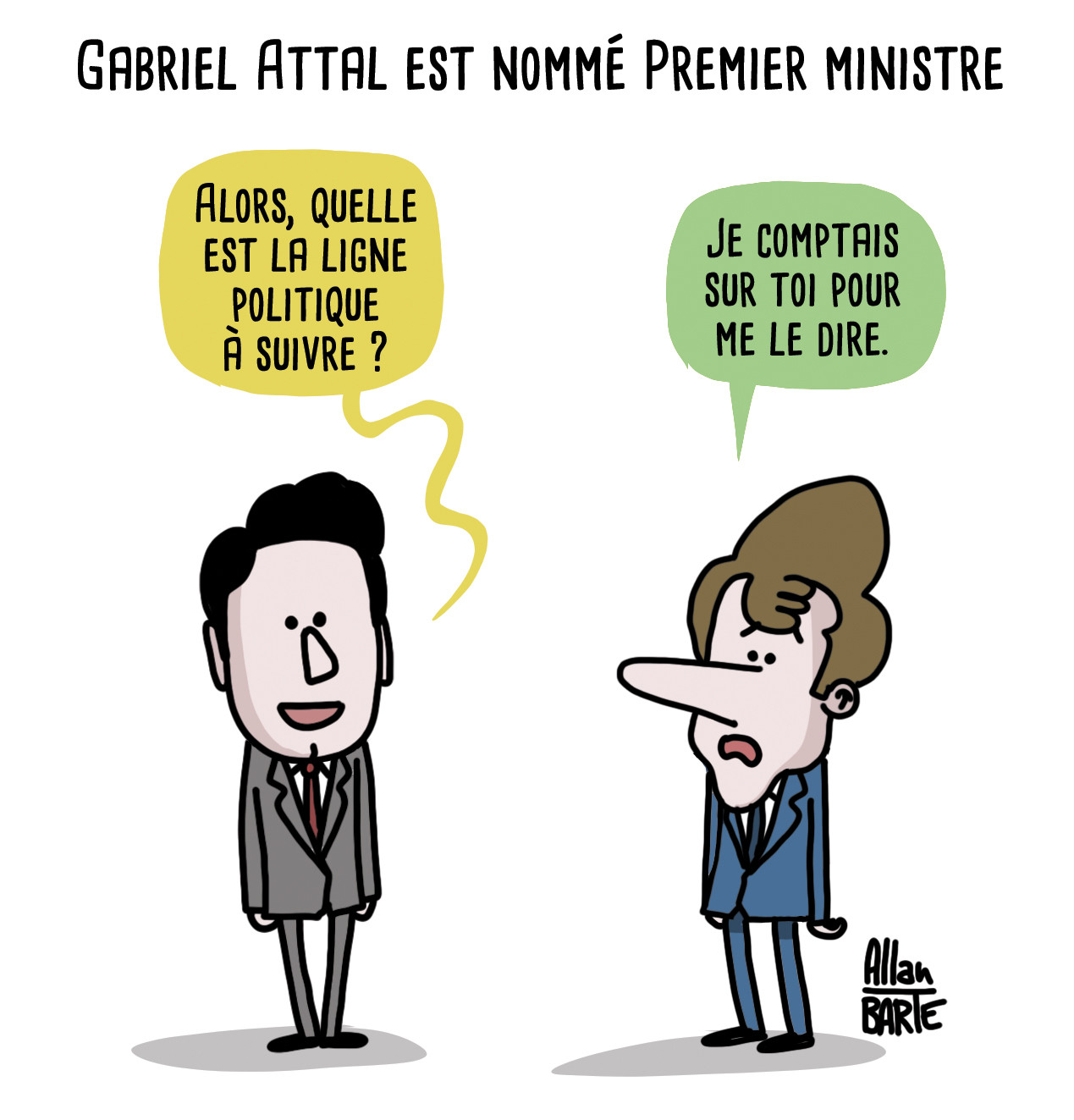 Titre : Gabriel Attal nommé Premier ministre Gabriel Attal, face à Macron : - Alors, quelle est la ligne politique à suivre ? Macron, embêté : - Je comptais sur toi pour me le dire.