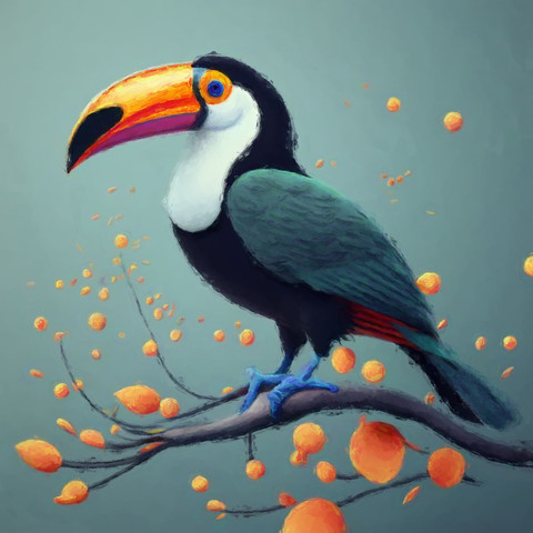 A digital painting of a Toucan. The Toucan is a tropical bird which is highly recognizable because of its very large colorful beak. And of course, made famous for being the mascot for the cereal Fruit Loops.
