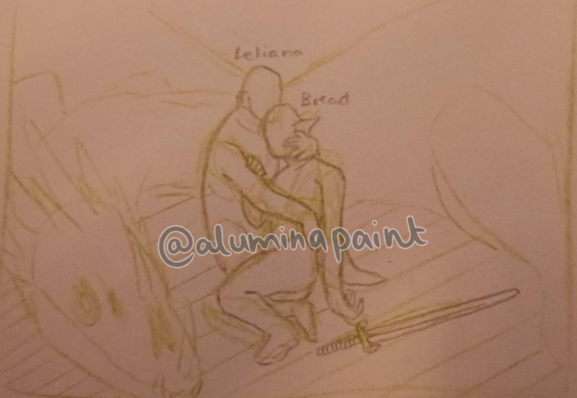a rough traditional sketch of the scene showing two characters, one cradling the other, a dragon curled around them. for a full description, do look at the fourth image posted on my toot.site or mastodon.art accounts!