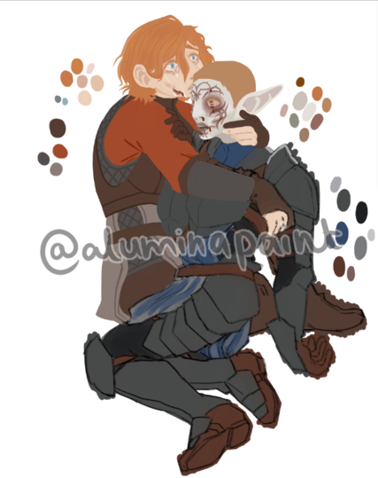 half finished coloring of the two characters, before the rest of the scene is added in and everything is rendered.