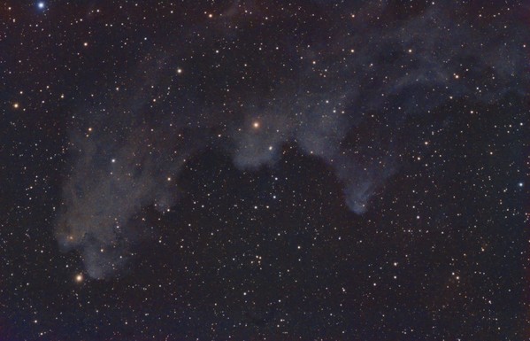 Witch Head nebula:
Background is black with  stars of varying brightness disbursed throughout. There are some grey wispy "clouds" of nebulosity that fill the upper two thirds of the image. The shape of the nebulosity could be construed as the profile view of a tall witch's face, if the 'witch' was looking toward the bottom edge of the image.