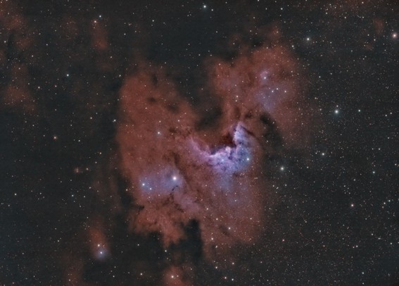 Cave Nebula:
Background is black with stars of varying brightness spread throughout the image.

There is a large area of nebulosity filling much of the image. At the center of the red nebulosuty is a much smaller area of blue nebulosity. There is a dark area extending into the red nebulosity, ending up at the blue nebulosity, and with a sharply defined pink boundary (the "cave").