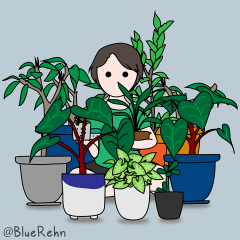 A cartoon woman with short brown hair, sitting cross-legged on the floor surrounded on all sides by potted plants including small frangipani trees, Homalomena, and a Desert Rose, all leafy and without flowers. The background is a pale desaturated blue